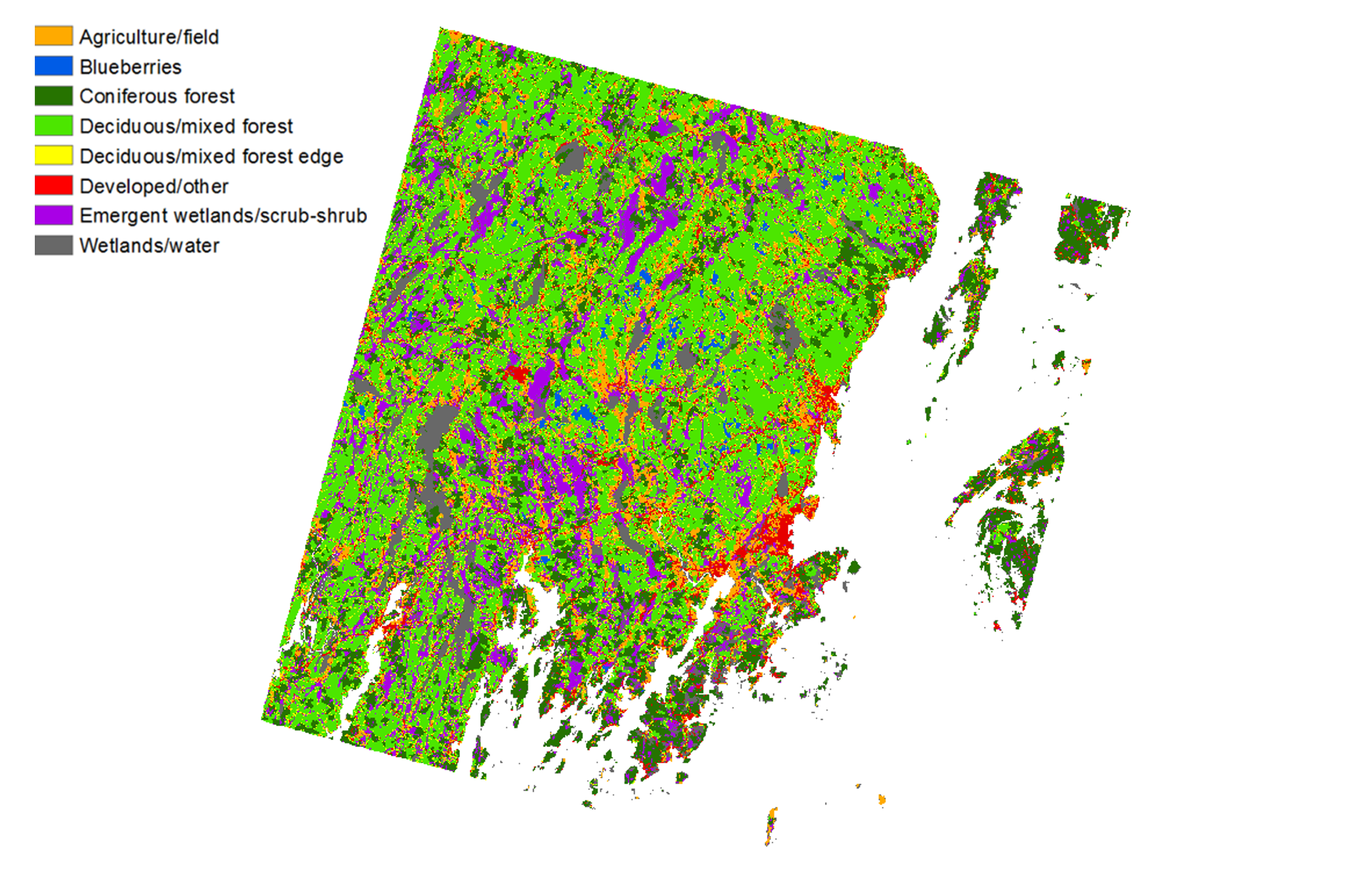 A fully classified satellite image featuring eight land cover types relevant to wild bees