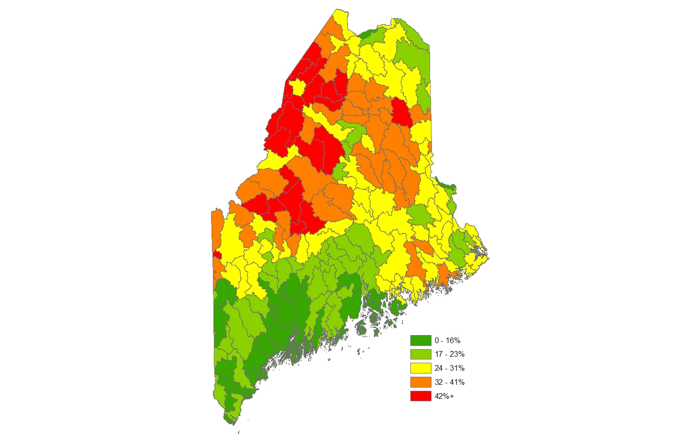 A map depicting the percent of forest harvested across Maine within small watershed between 1991 and 2007.