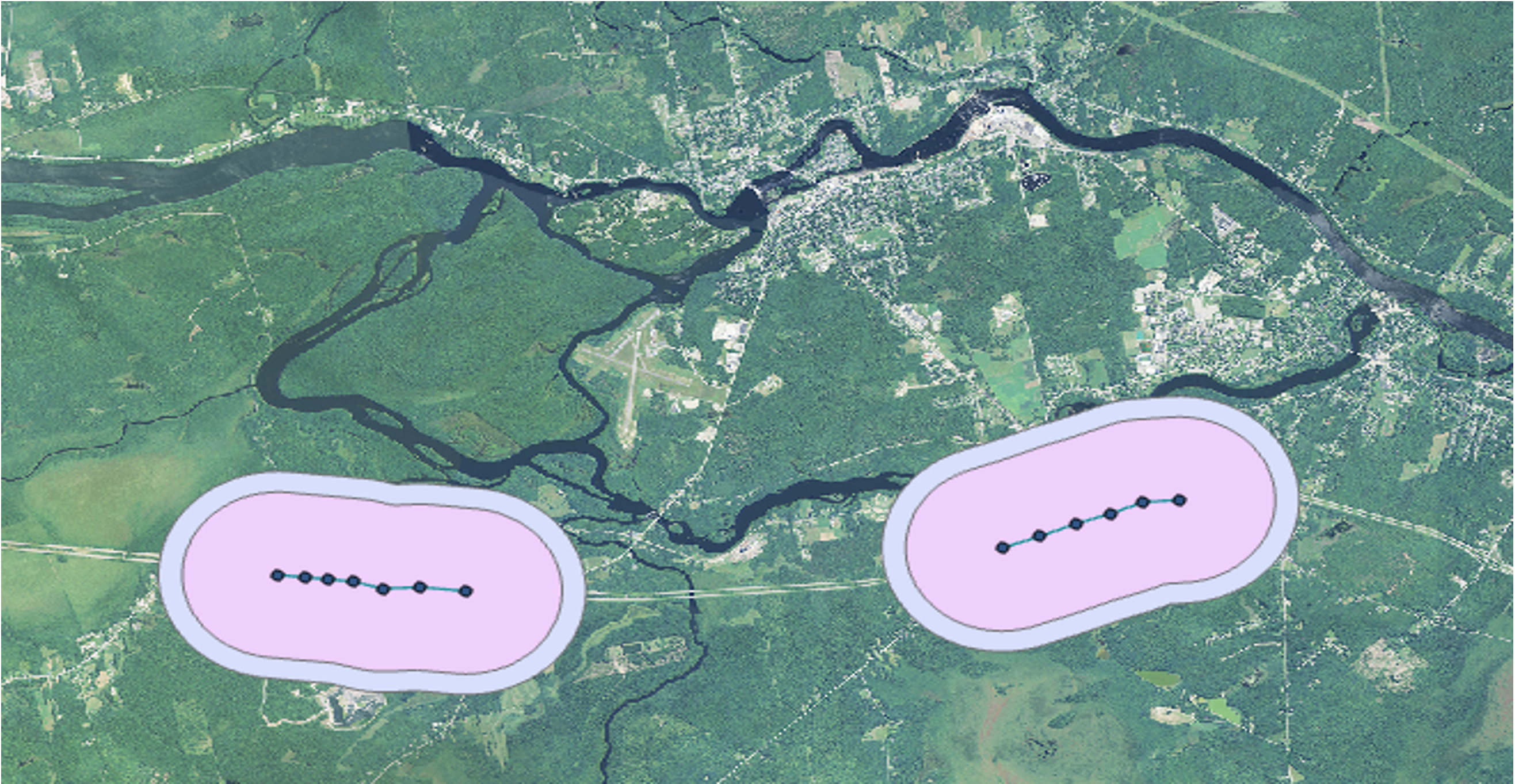 Aerial photo with two buffers surrounding roadside survey sites