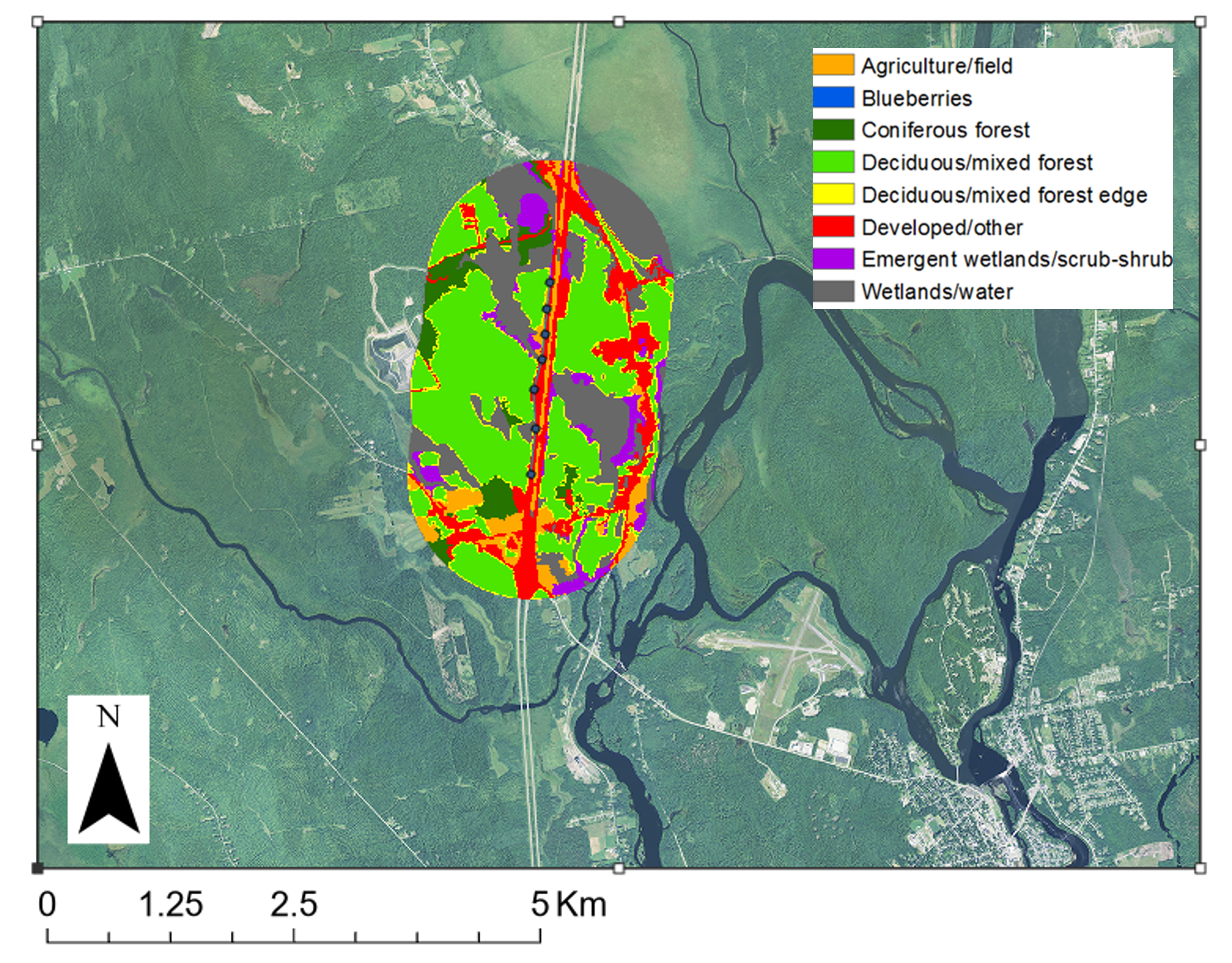 Example landscape with eight cover types surrounding a roadside pollinator survey site