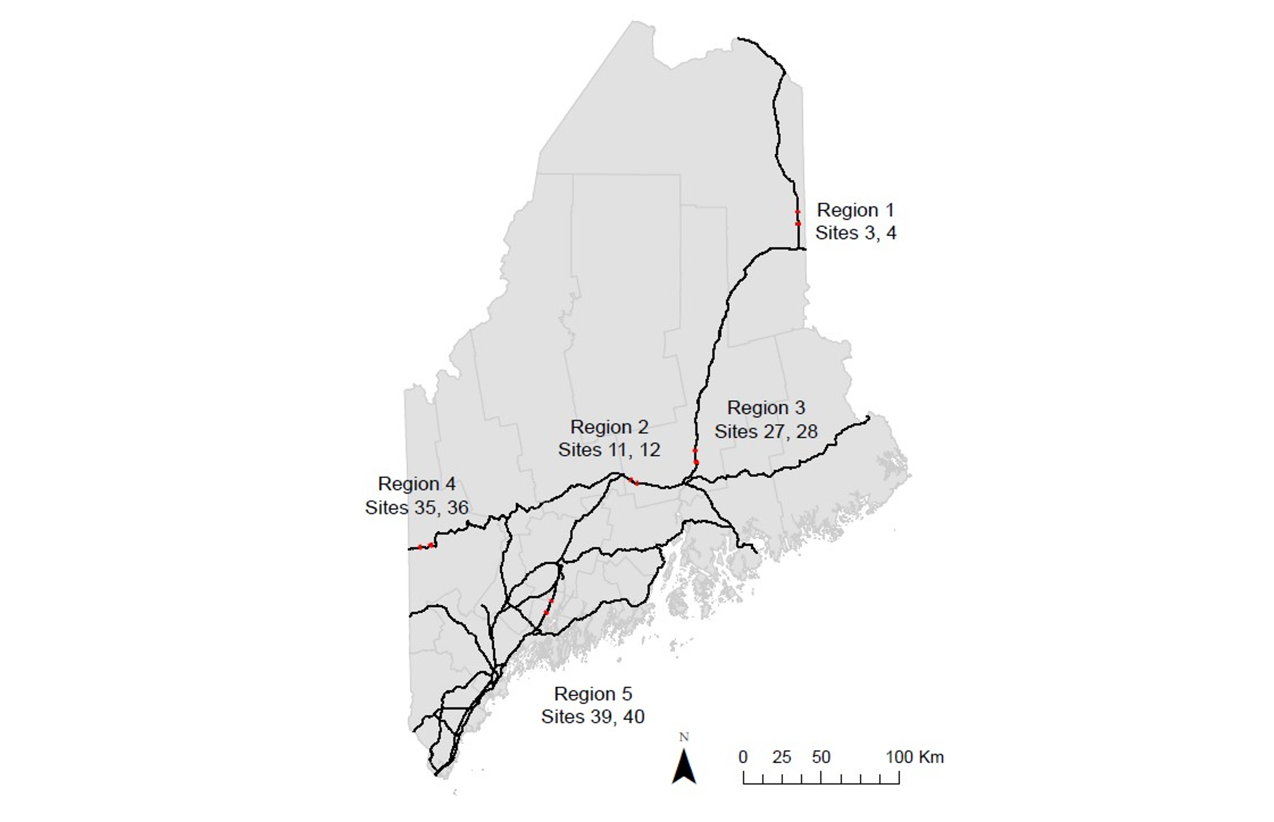 Map of Maine featuring major roads and roadside pollinator survey sites