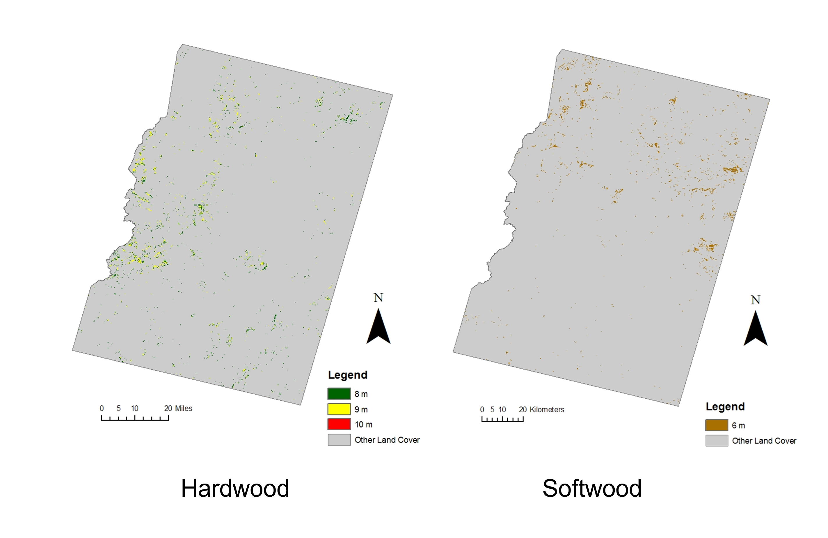 Two maps, one of hardwood and one of softwood forest remaining after 35 years of harvest